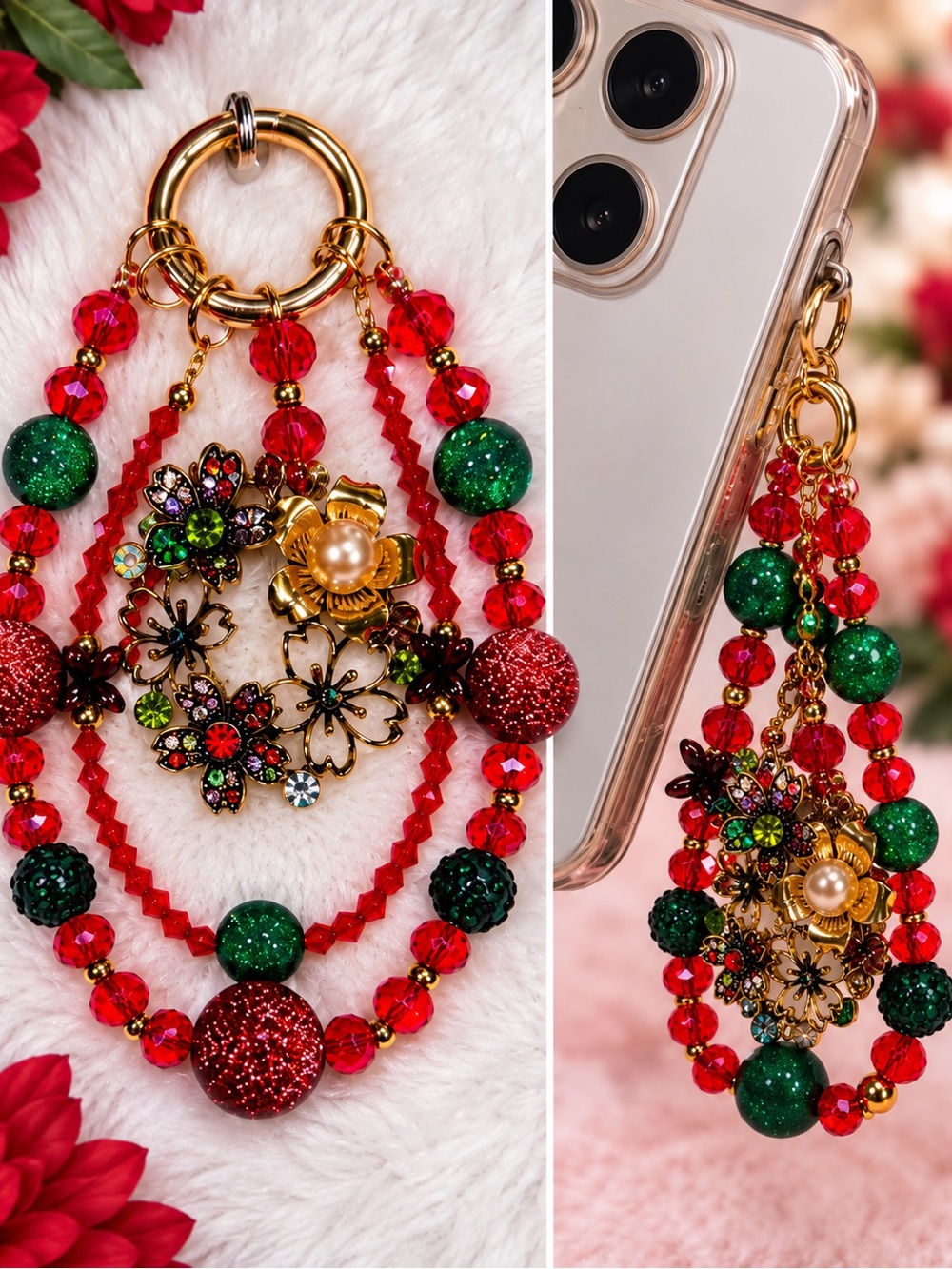 Gold Floral Multi-Strand Phone Charm Keychain - Removable brooch